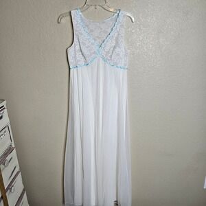 Vintage Shadowline White Lace Blue Trim Nylon Nightgown Maxi Dress Small